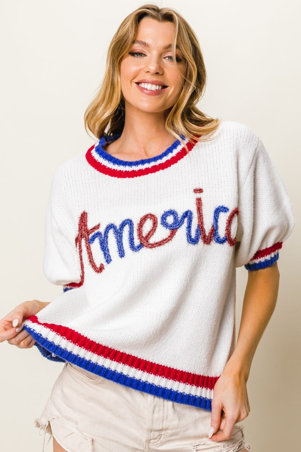 BiBi Metallic America Letter Short Sleeve Sweater 8871 | Gulf Resellers 