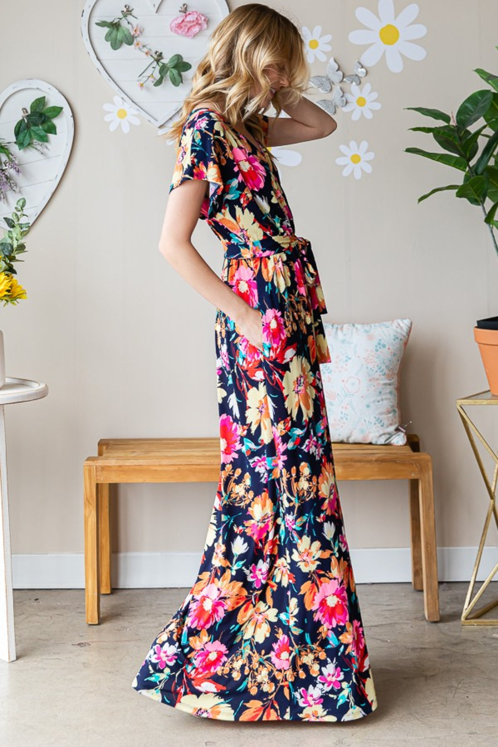 Heimish Full Size Floral Surplice Tie Waist Maxi Dress