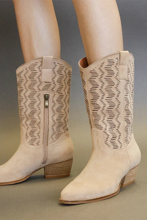 Beast Fashion Faux Suede Laser Cut Detail Block Heel Boots 22102 | Gulf Resellers 