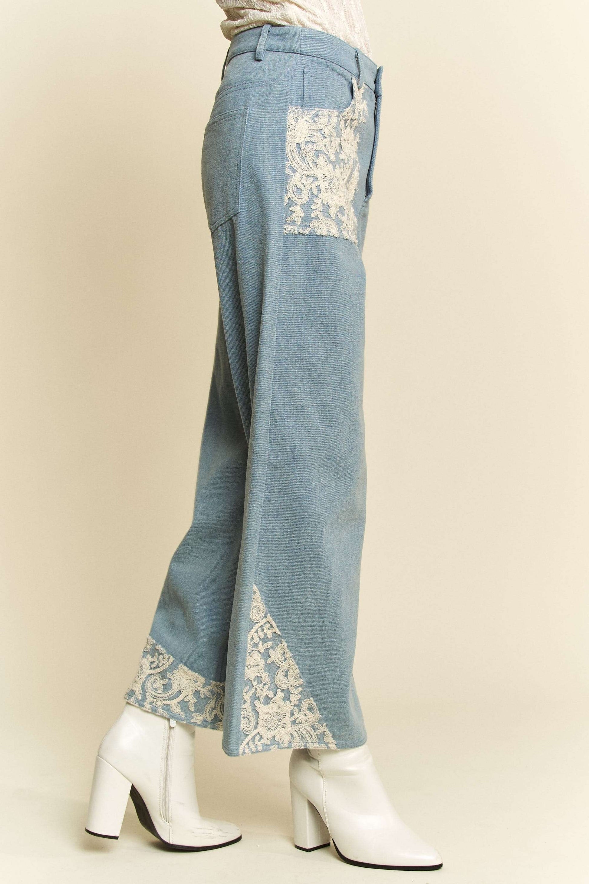 Davi & Dani Lace Applique Wide Leg Jeans 18964 | Gulf Resellers 