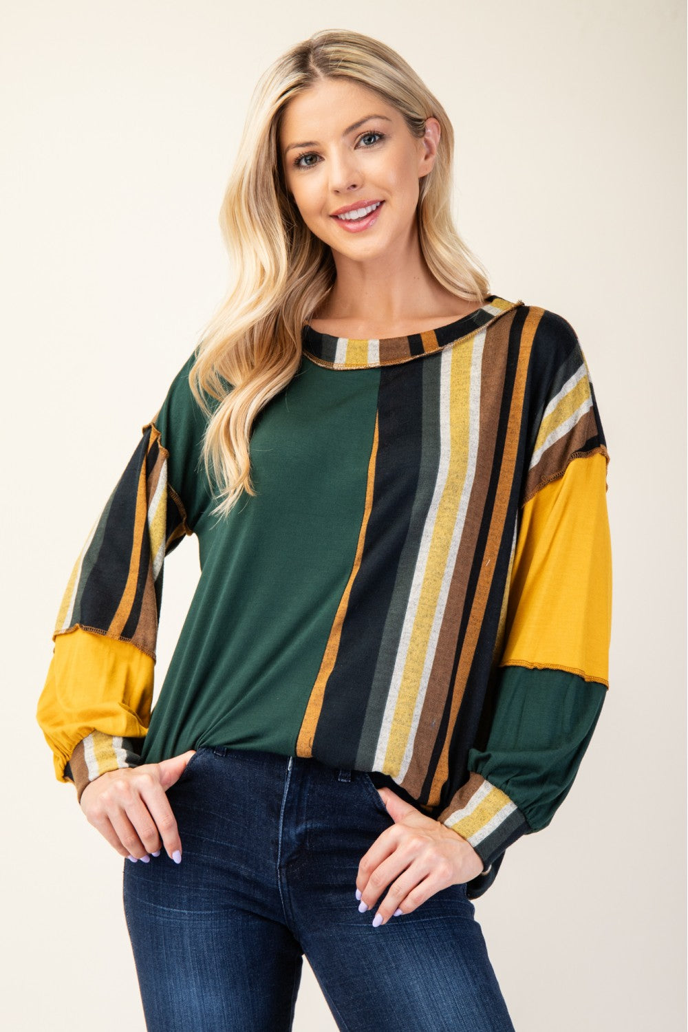 Celeste Full Size Striped Color Block Exposed Seam T-Shirt 20285 | Gulf Resellers 