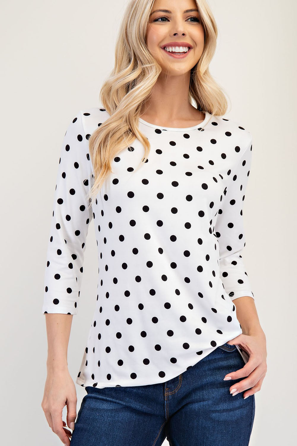 Celeste Full Size Polka Dot Round Neck Three-Quarter Sleeve T-Shirt 20142 | Gulf Resellers 