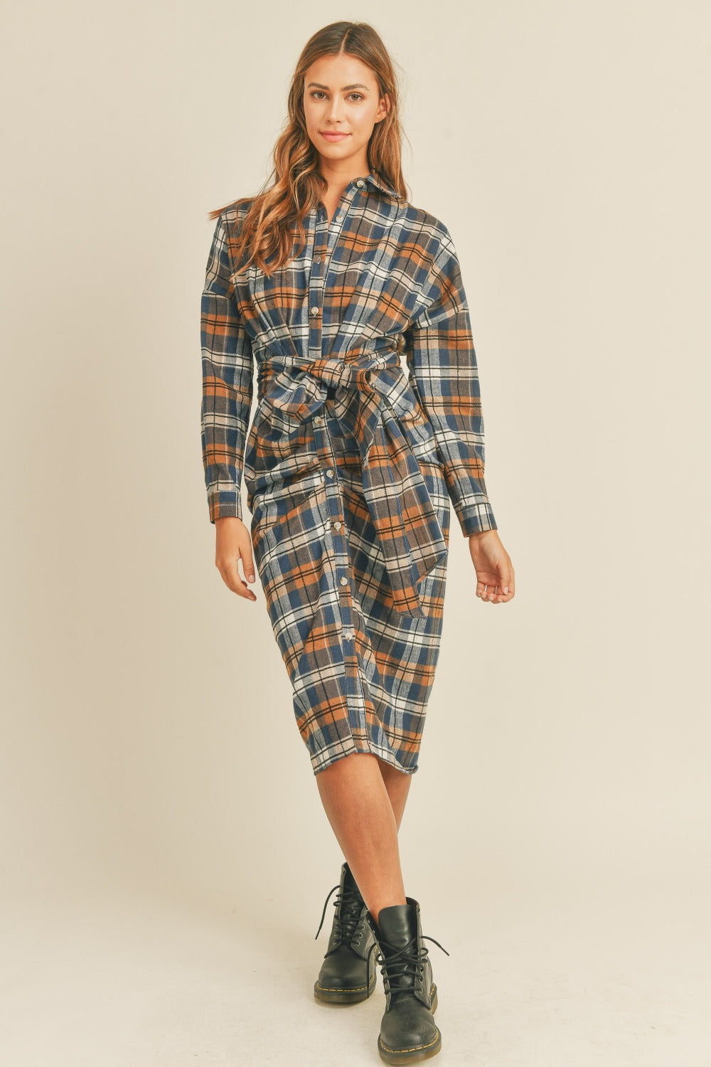 Mable Plaid Flannel Front Tie Button Down Shirt Dress | Gulf Resellers