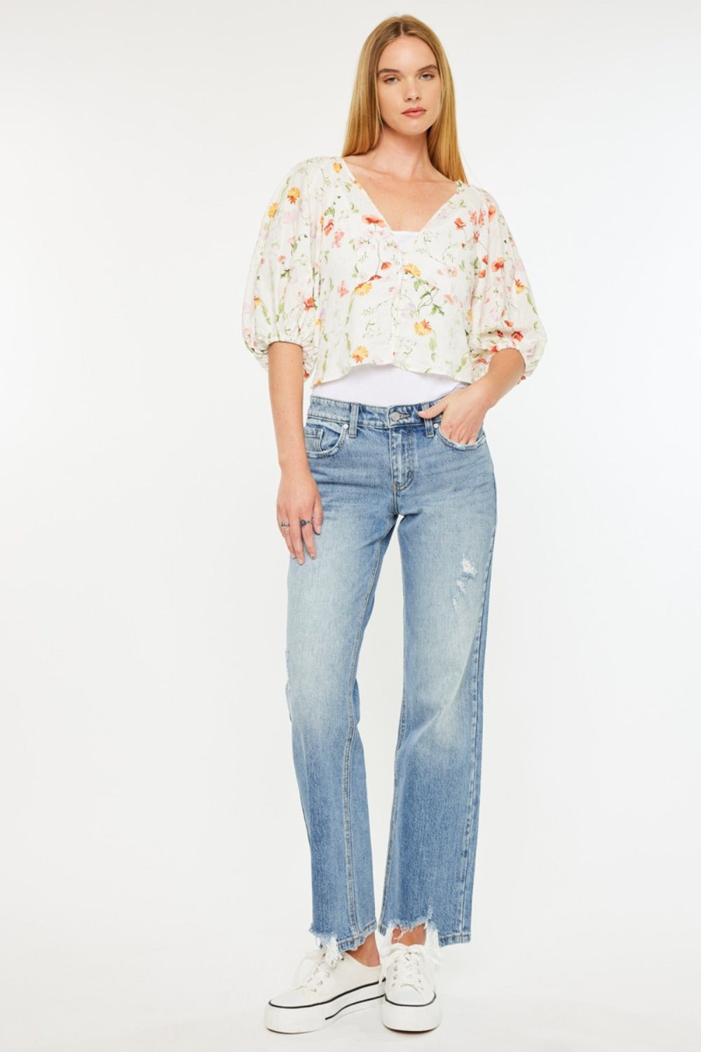 Kancan Mid Rise Frayed Hem Straight Jeans | Gulf Resellers