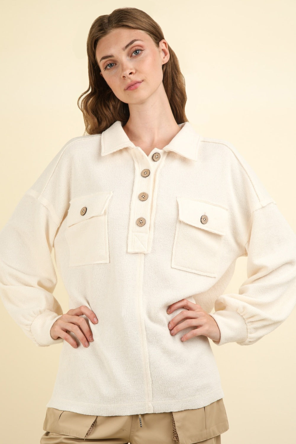 VERY J Collared Half Button Knit Top with Pockets 9056 | Gulf Resellers 