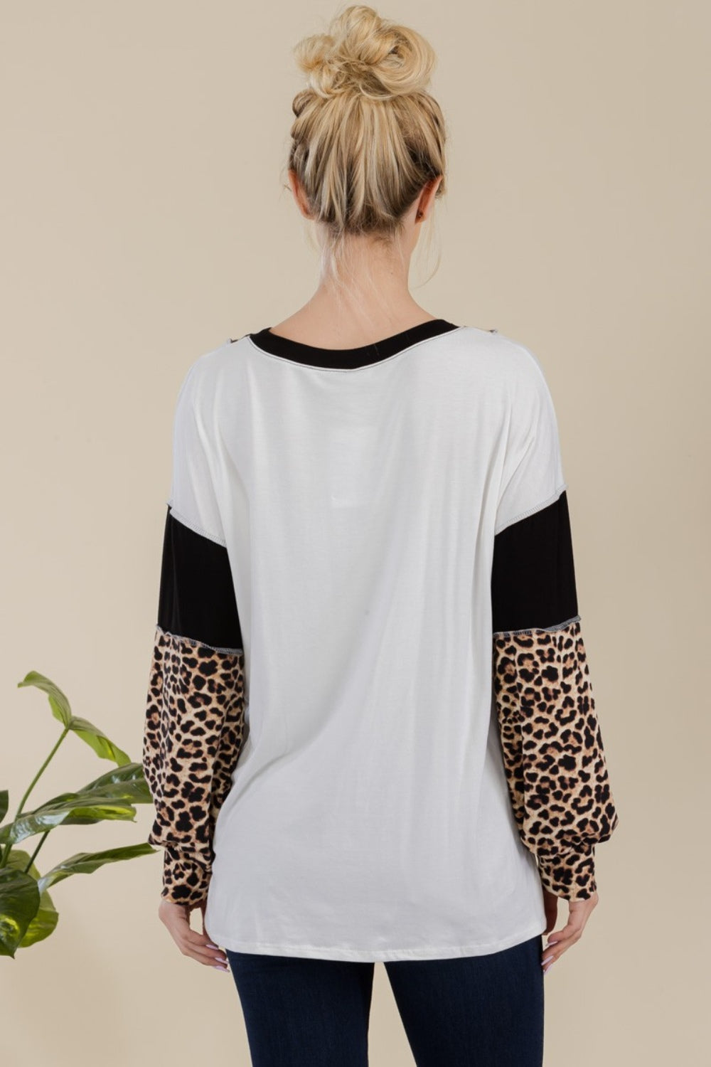 Celeste Full Size Leopard Color Block Exposed Seam T-Shirt 20477 | Gulf Resellers 