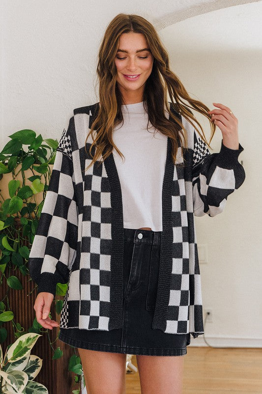 Annie Wear Checkered Open Front Drop Shoulder Cardigan 19983 | Gulf Resellers 