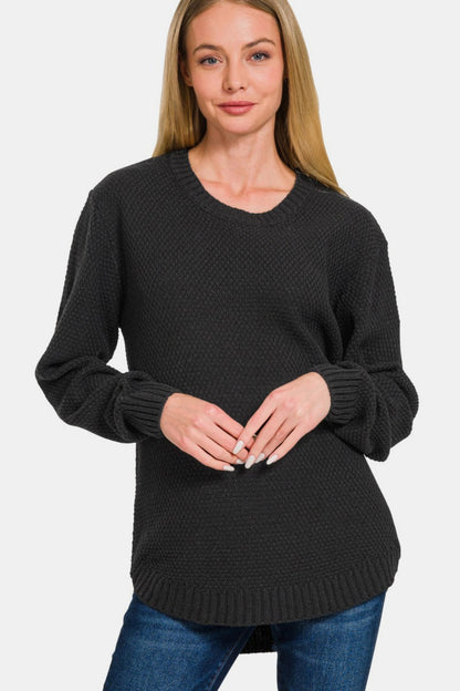 Zenana Full Size Round Neck Long Sleeve Curved Hem Sweater