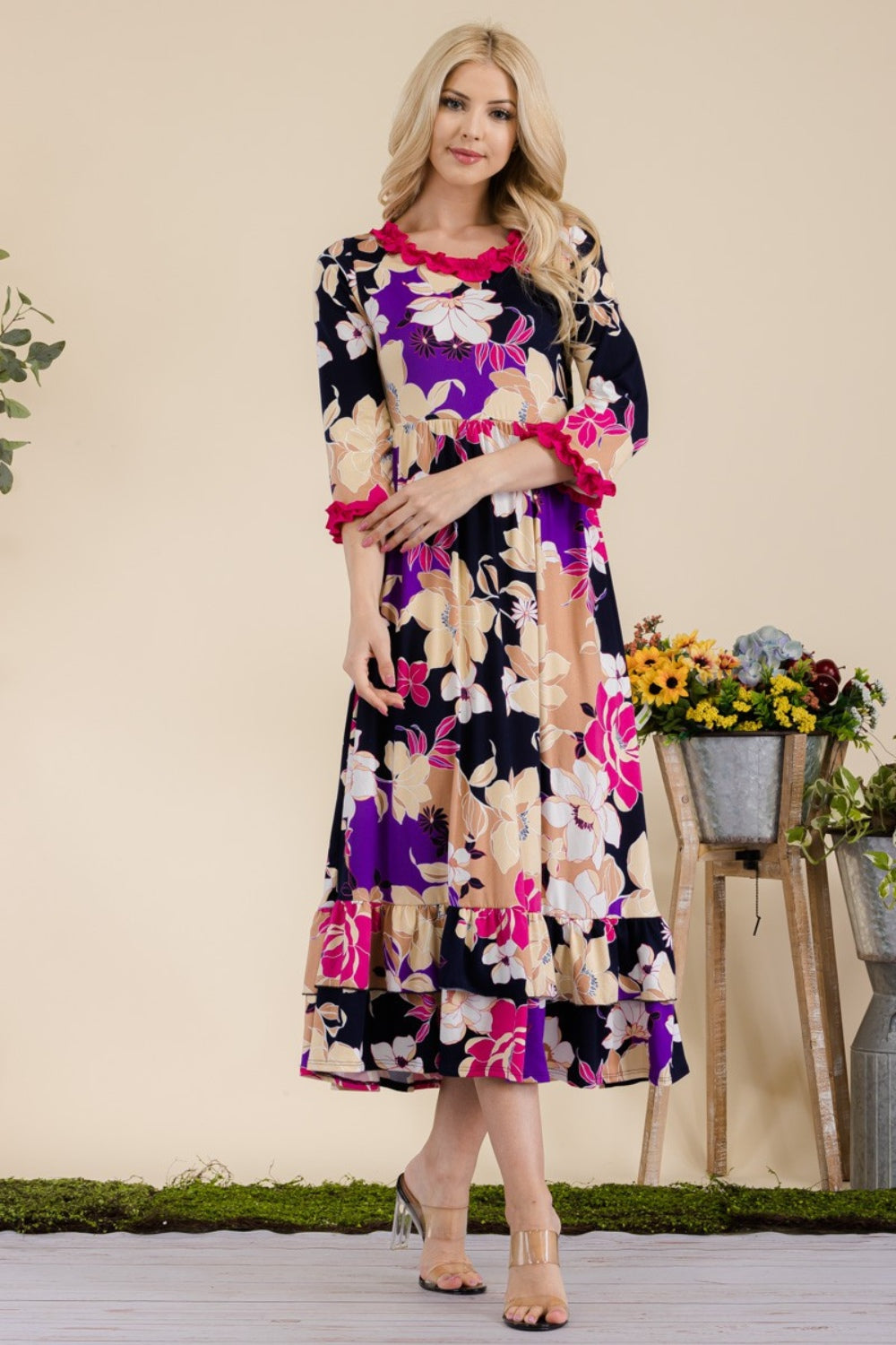 Celeste Full Size Floral Ruffled Midi Dress 9602 | Gulf Resellers 