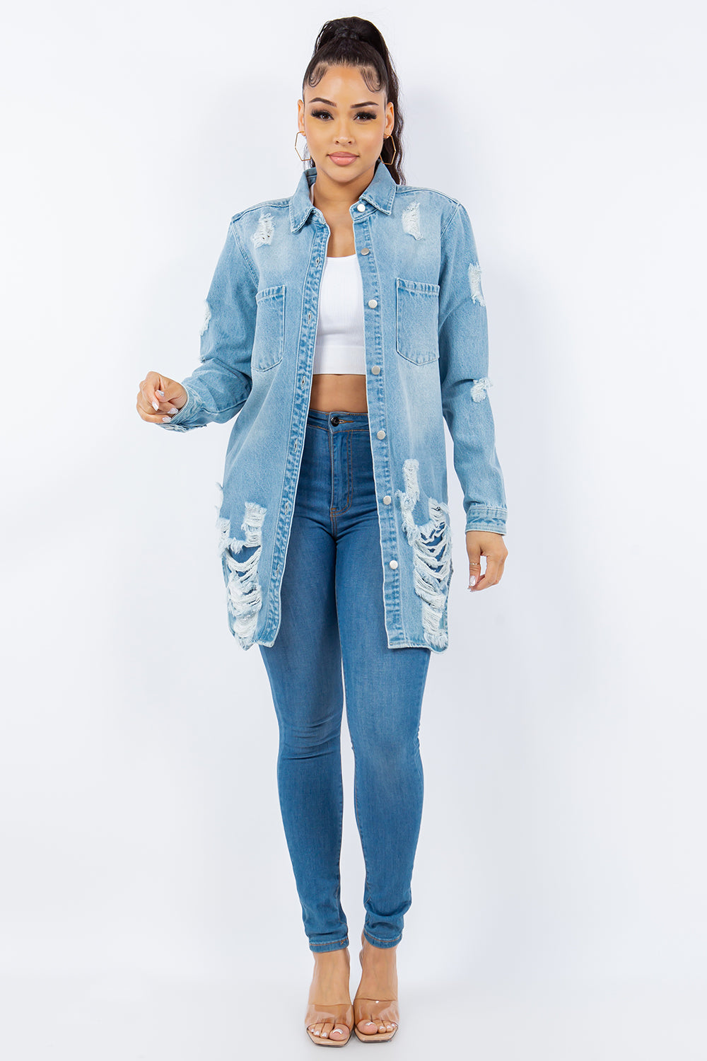 American Bazi Distressed Button Up Long Sleeve Denim Jacket | Gulf Resellers