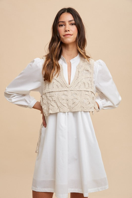 Annie Wear Crochet Vest Notched Long Sleeve Shirt Dress 21112 | Gulf Resellers 