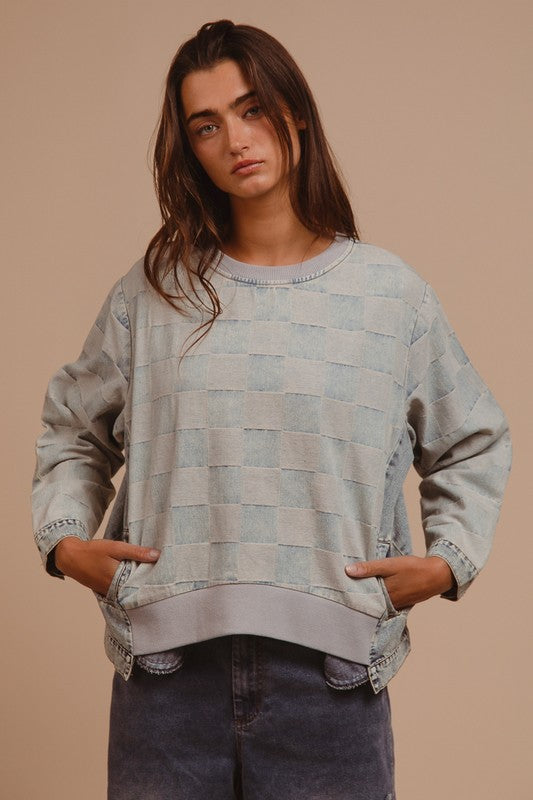 BiBi Mineral Washed Checkered Round Neck Denim Top 20093 | Gulf Resellers 