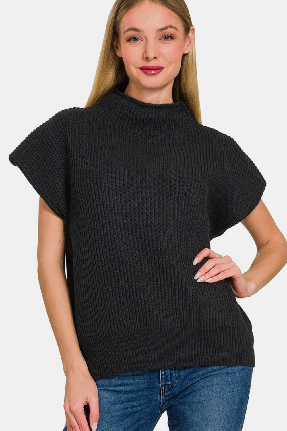 Zenana Short Sleeve Mock Neck Sweater | Gulf Resellers