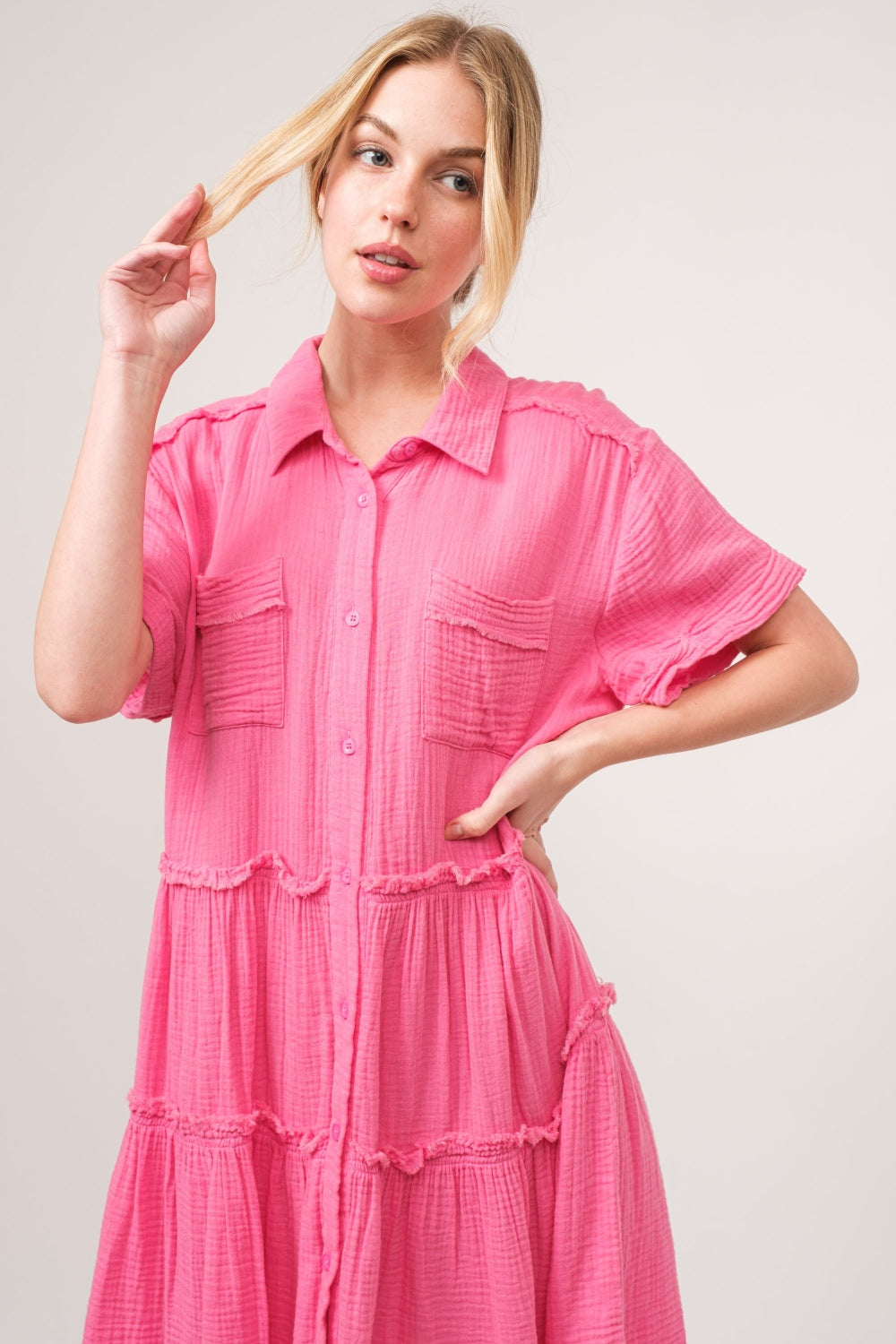 And The Why Full Size Raw Edge Washed Tiered Shirt Dress | Gulf Resellers