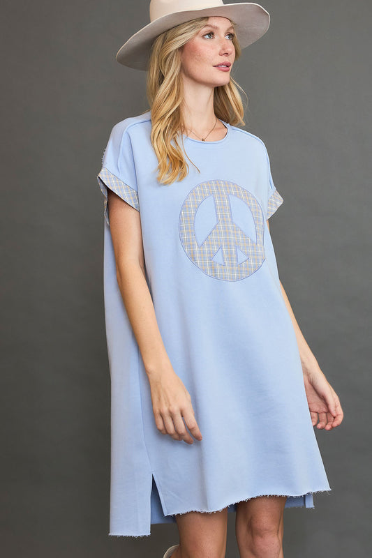 Umgee Peace Plaid Applique Short Sleeve Mini Dress 20874 | Gulf Resellers 