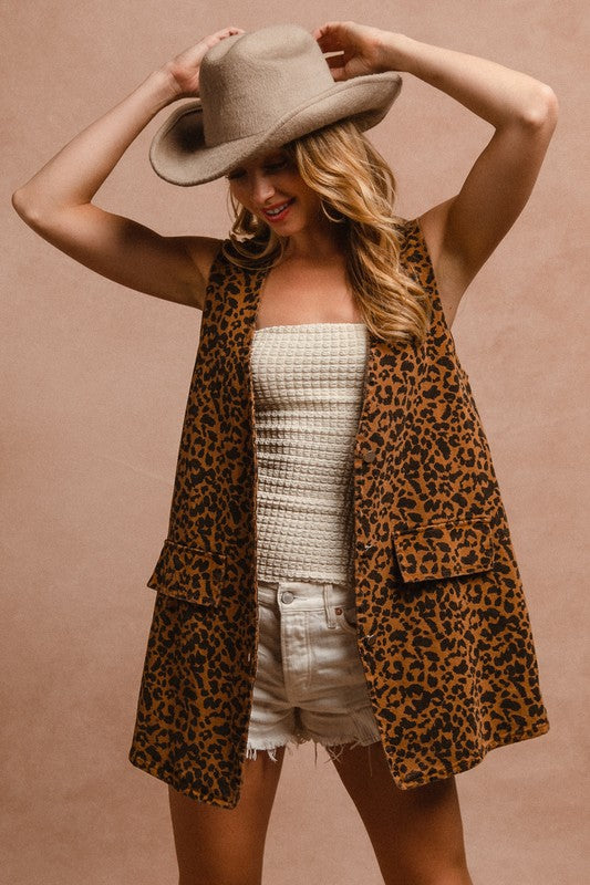 BiBi Leopard Button Up Denim Vest 20027 | Gulf Resellers 