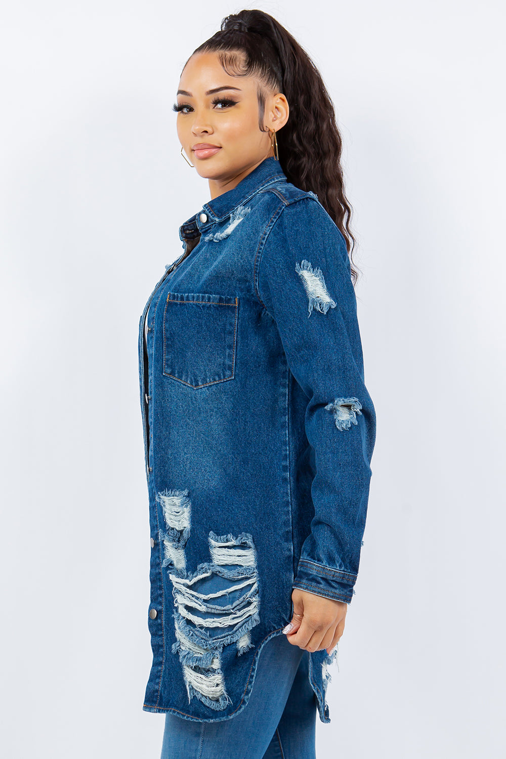 American Bazi Distressed Button Up Long Sleeve Denim Jacket | Gulf Resellers