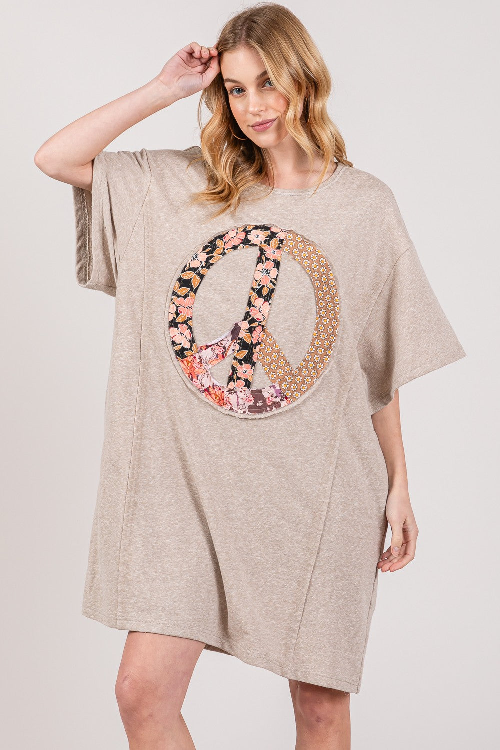 SAGE + FIG Full Size Peace Sign Applique Short Sleeve Tee Dress