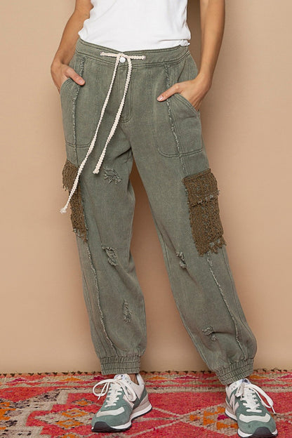 POL Distressed Cargo Denim Jogger with Crochet Pockets