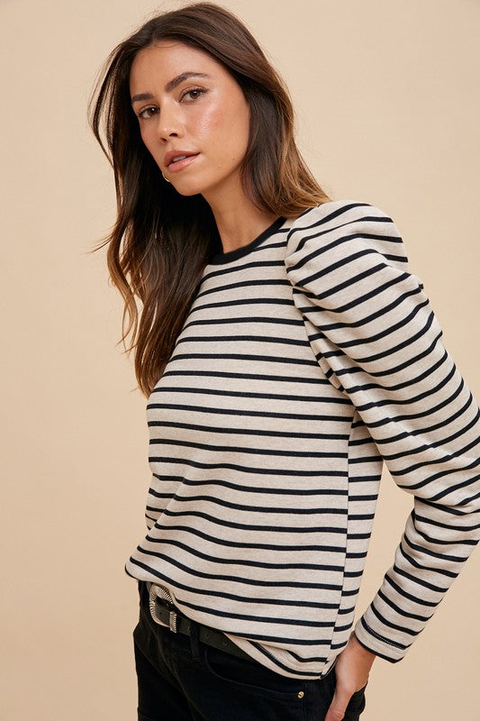 Annie Wear Striped Round Neck Puff Sleeve French Terry Top 18359 | Gulf Resellers 