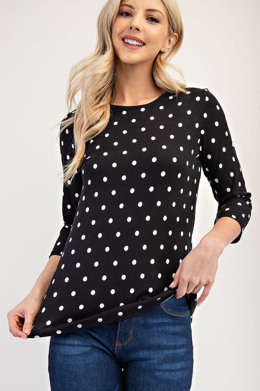 Celeste Full Size Polka Dot Round Neck Three-Quarter Sleeve T-Shirt 18268 | Gulf Resellers 