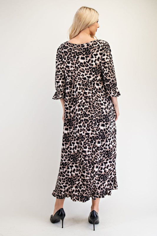 Celeste Full Size Leopard Round Neck Flounce Sleeve Dress 22099 | Gulf Resellers 