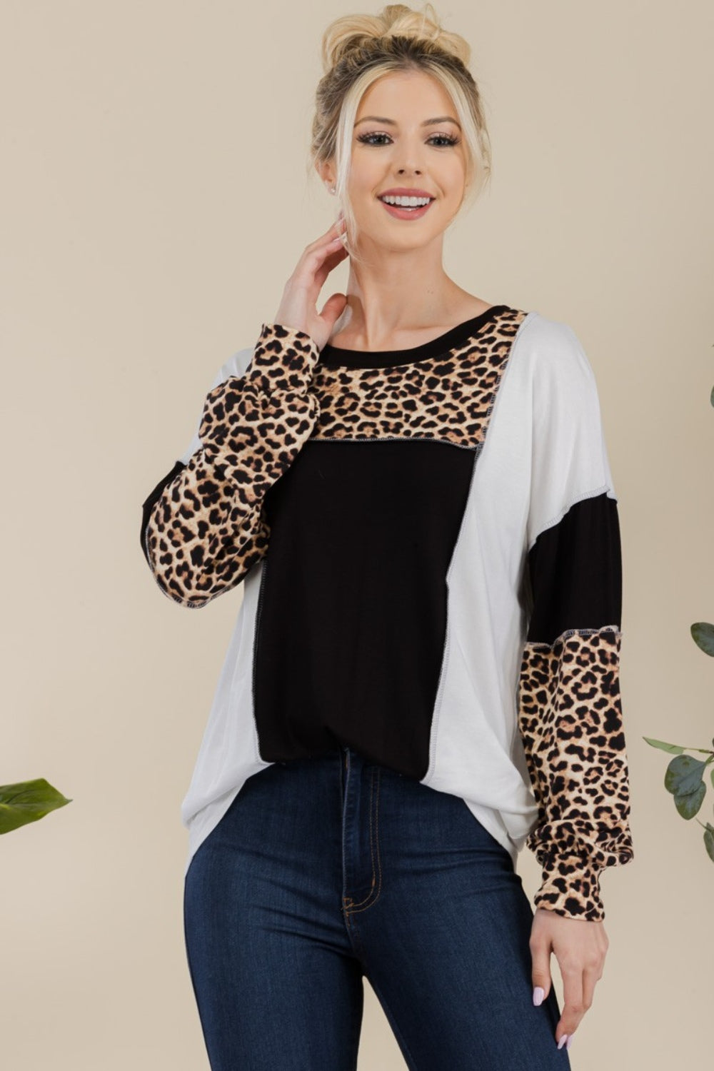 Celeste Full Size Leopard Color Block Exposed Seam T-Shirt 20479 | Gulf Resellers 