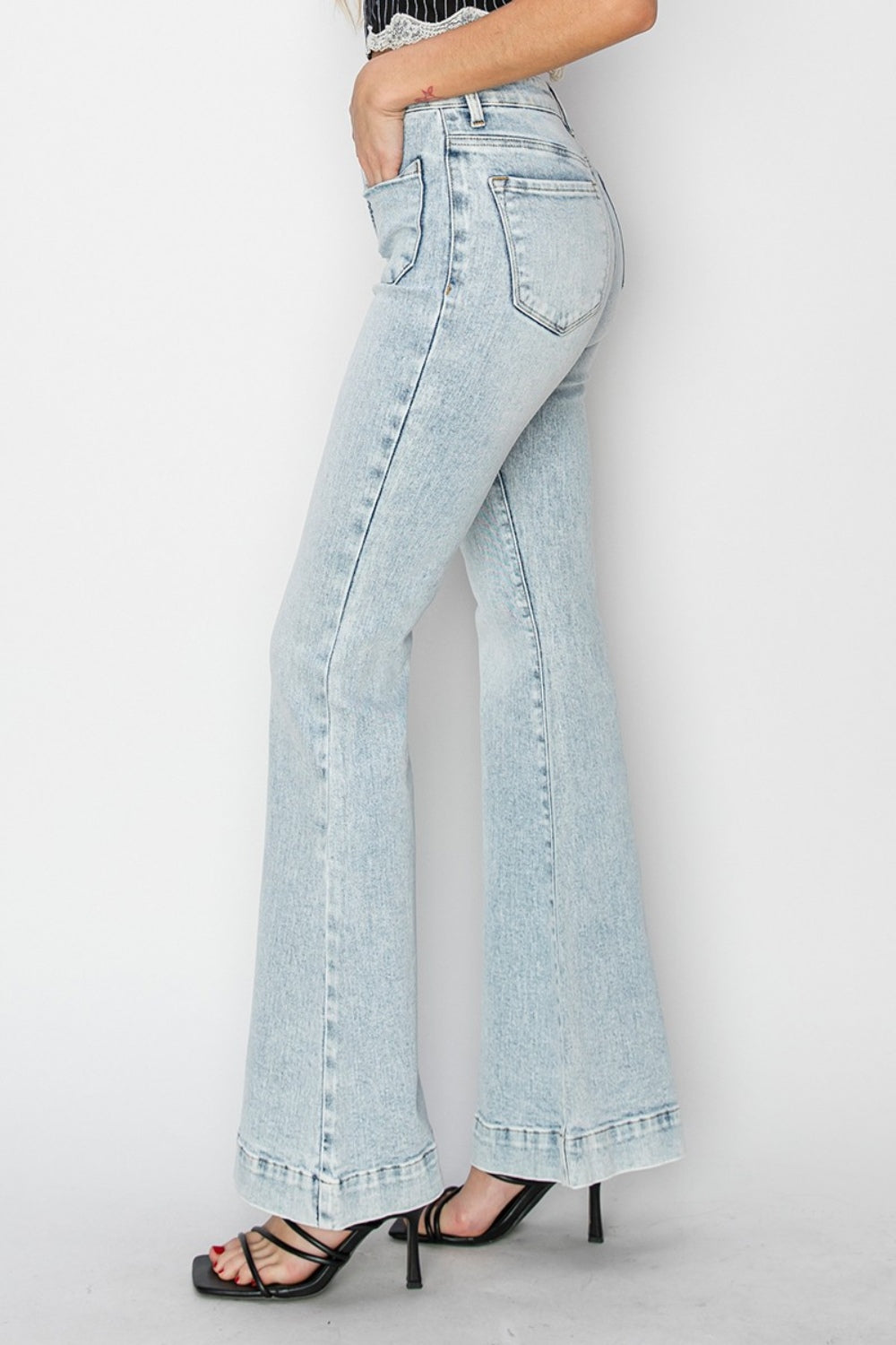 Risen Full Size High Rise Front Patch Pocket Flare Jeans | Gulf Resellers