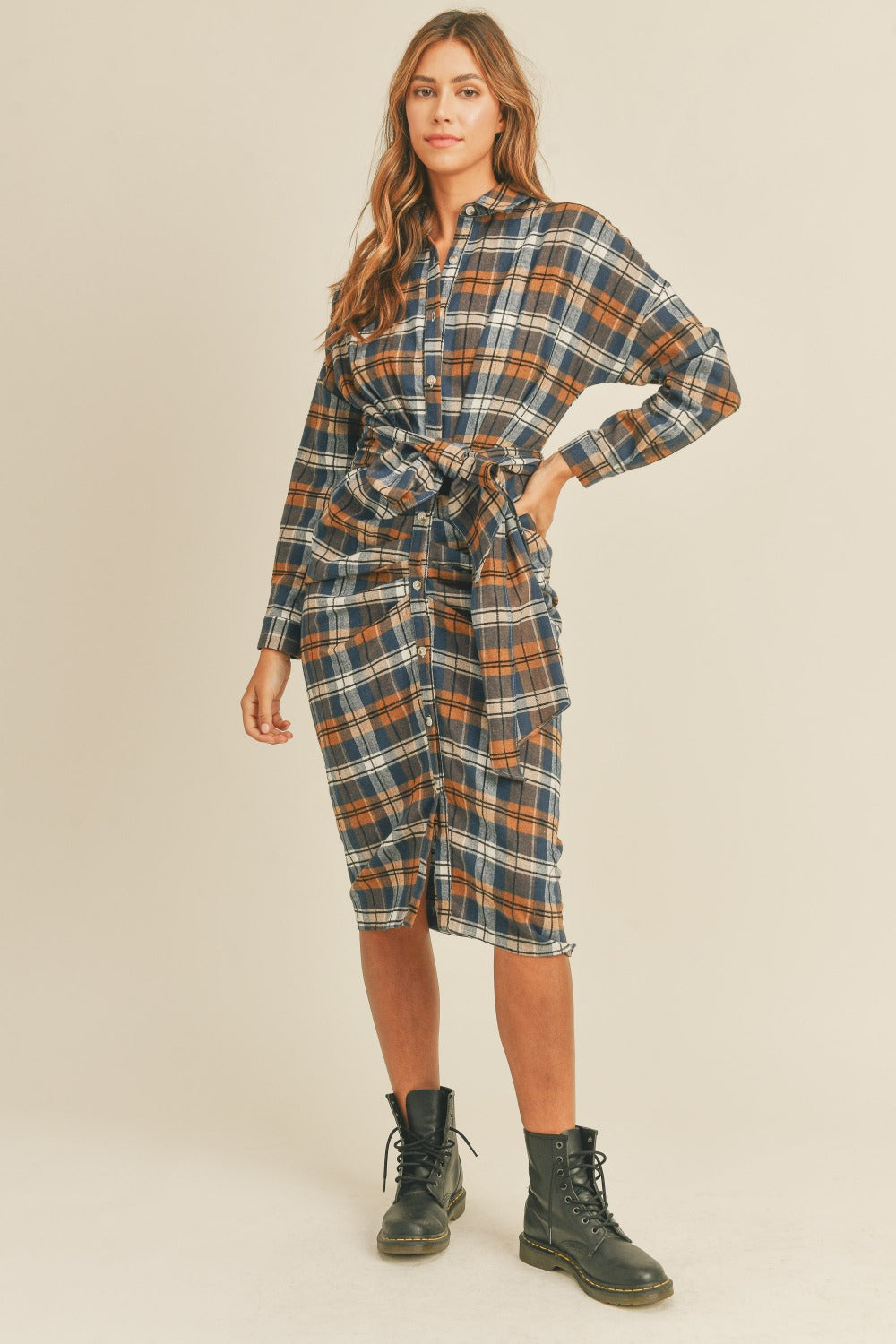 Mable Plaid Flannel Front Tie Button Down Shirt Dress | Gulf Resellers