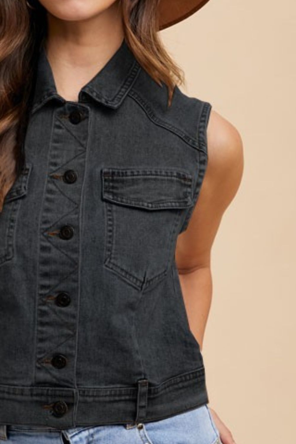 Annie Wear Collared Neck Button Down Denim Vest 20570 | Gulf Resellers 