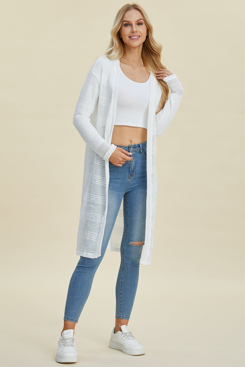 Double Take Full Size Open Front Longline Cardigan