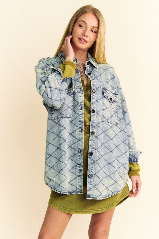 Davi & Dani Curved Hem Diamond Quilted Button Up Denim Shacket 20068 | Gulf Resellers 