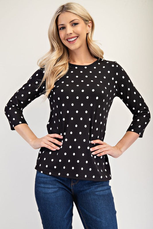 Celeste Full Size Polka Dot Round Neck Three-Quarter Sleeve T-Shirt 18265 | Gulf Resellers 