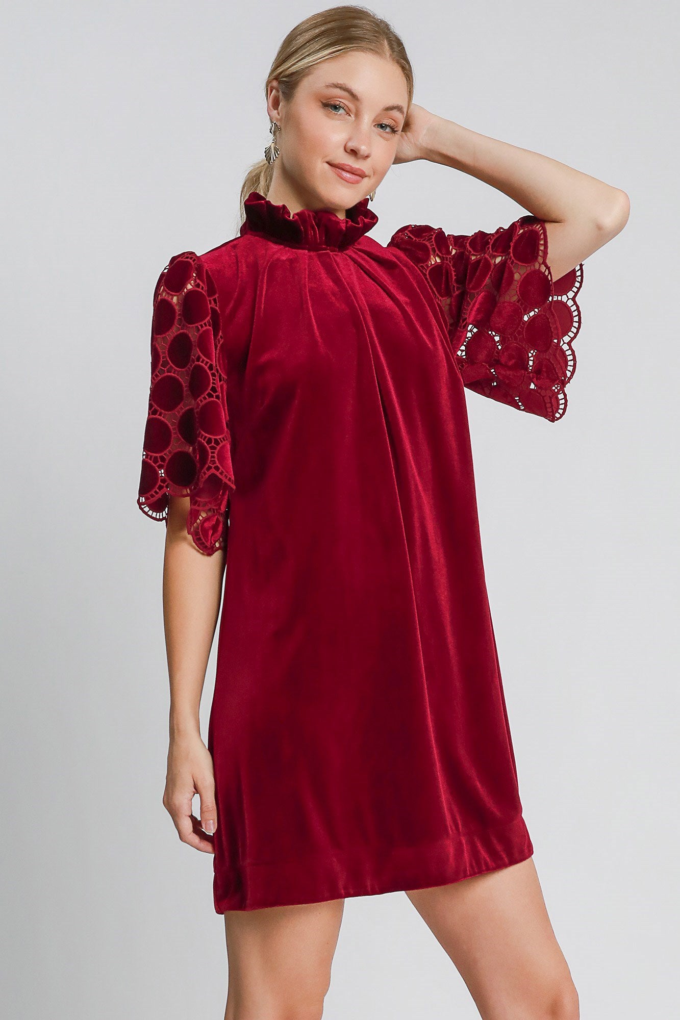 Umgee Dotted Lace Half Sleeve Mock Neck Back Tie Velvet Dress 21561 | Gulf Resellers 