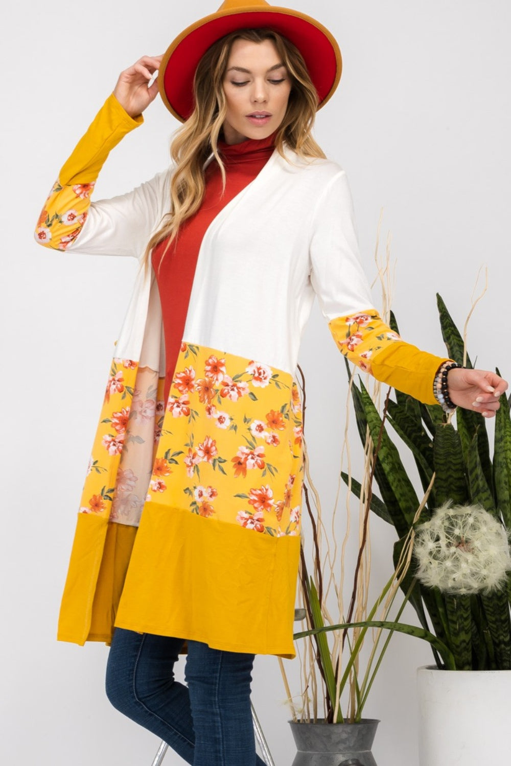 Celeste Full Size Floral Color Block Open Front Cardigan