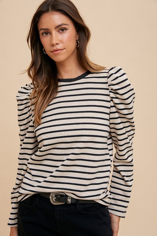 Annie Wear Striped Round Neck Puff Sleeve French Terry Top 18358 | Gulf Resellers 