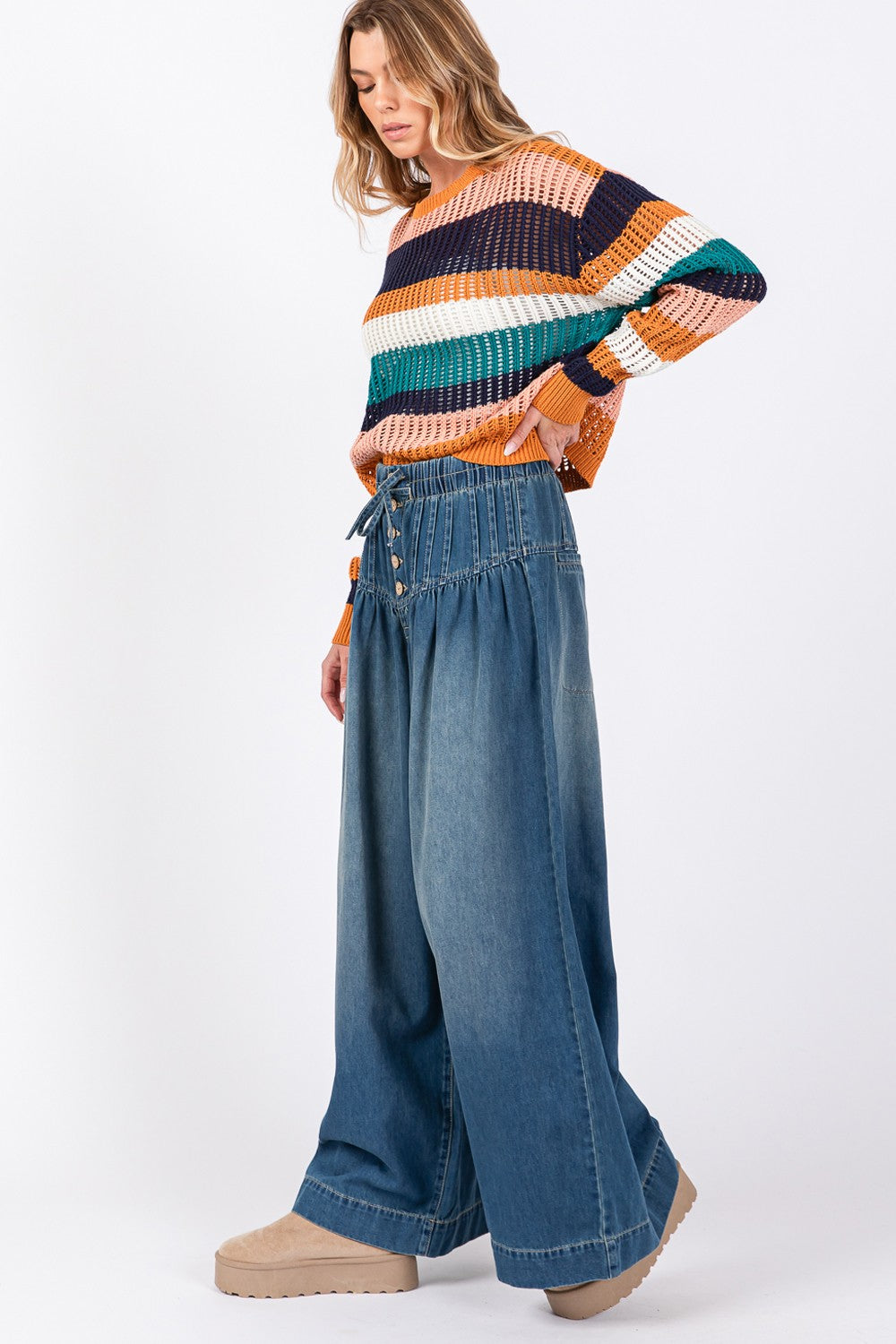 SAGE+FIG Smocked Waist Band Wide Leg Jeans