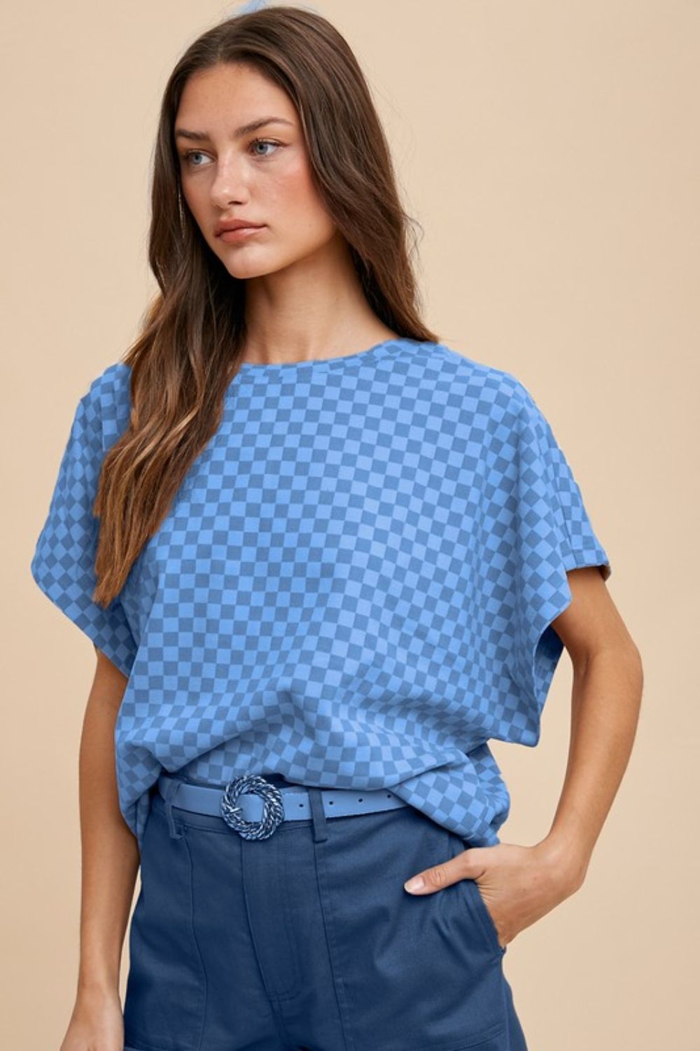 Annie Wear Checkered Round Neck Short Sleeve T-Shirt 20156 | Gulf Resellers 