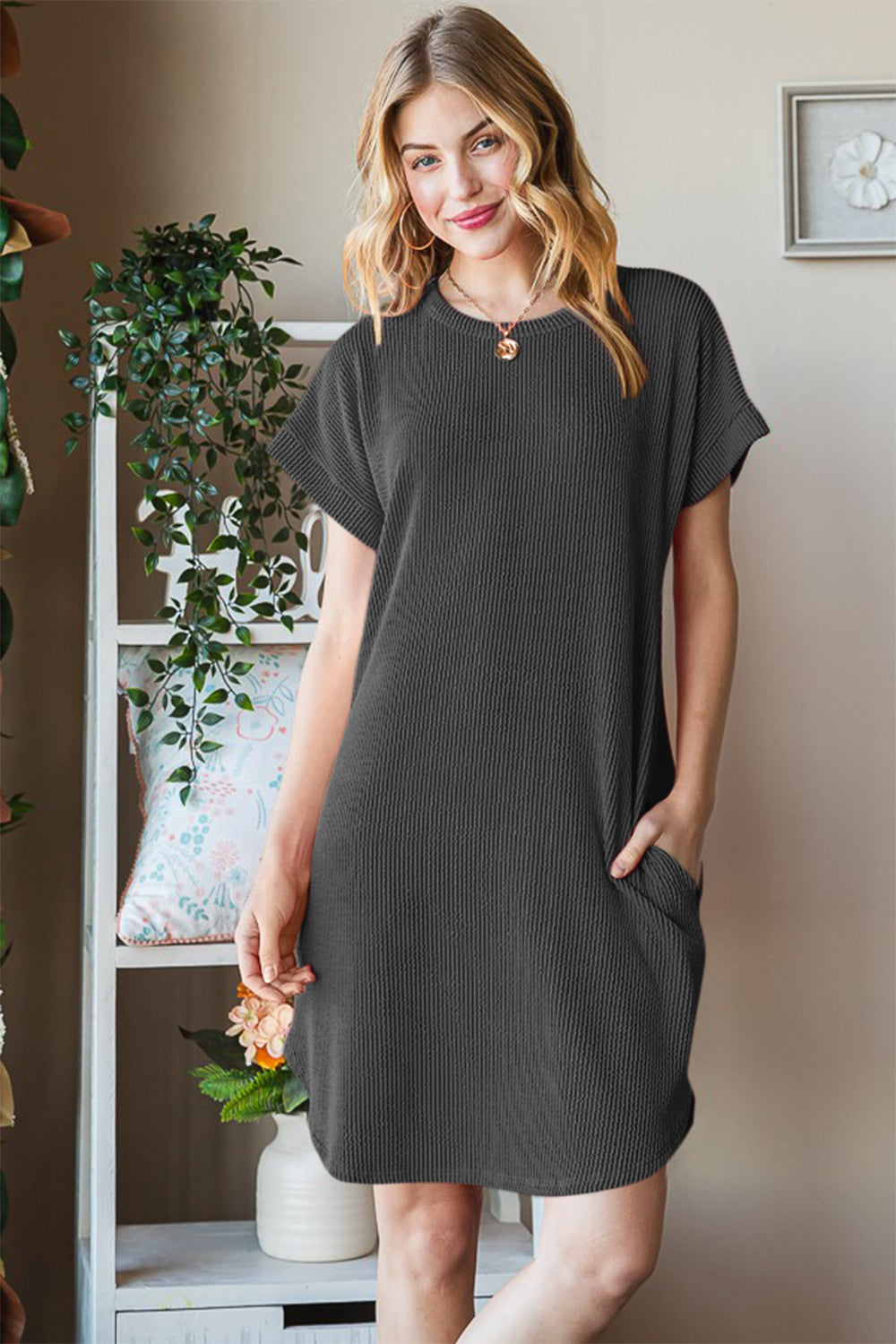 Heimish Full Size Ribbed Round Neck Short Sleeve Tee Dress | Gulf Resellers