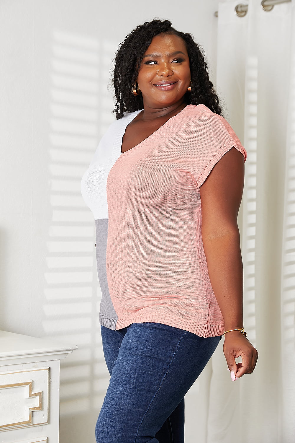 Double Take Color Block V-Neck Knit Top | Gulf Resellers