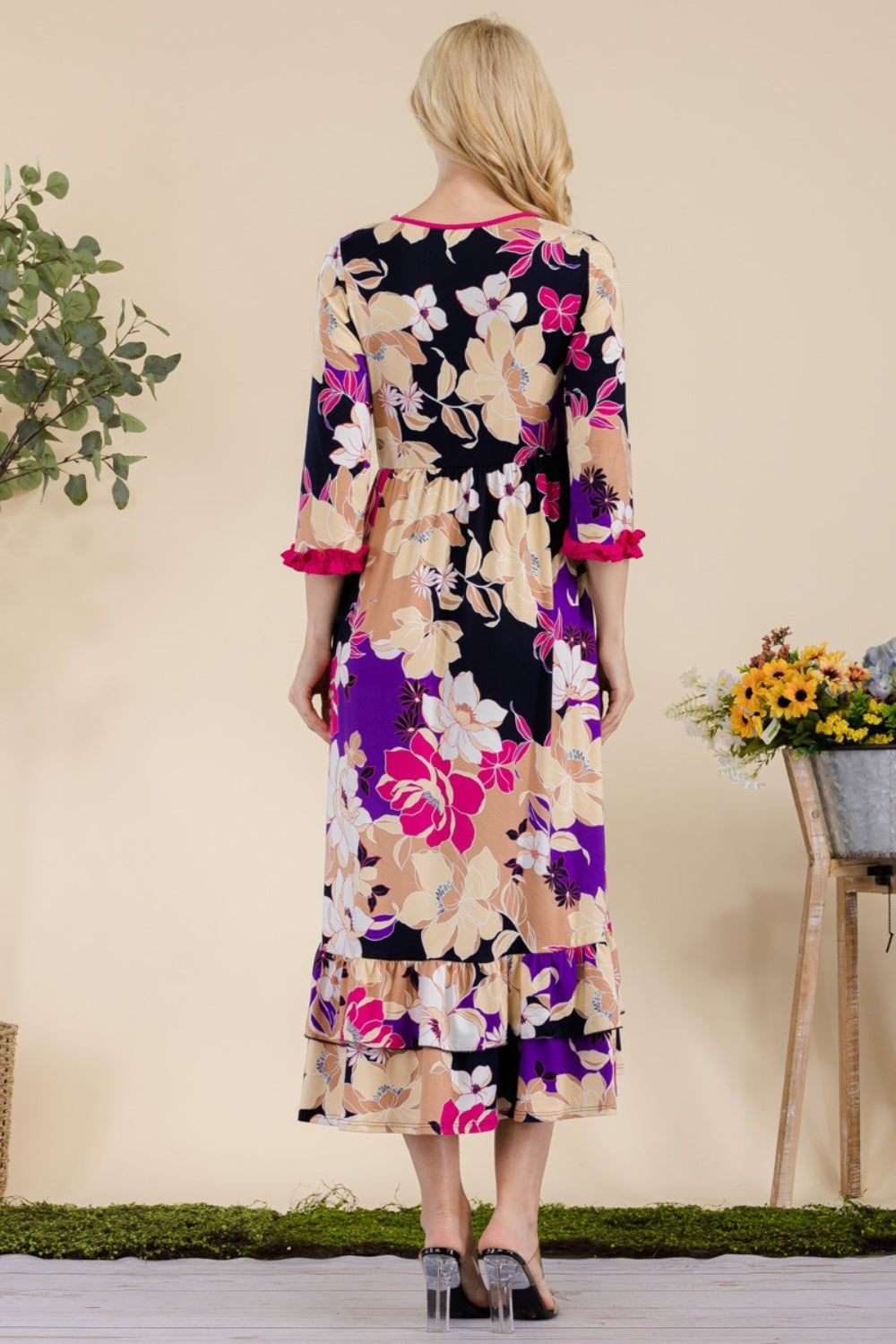 Celeste Full Size Floral Ruffled Midi Dress 9601 | Gulf Resellers 