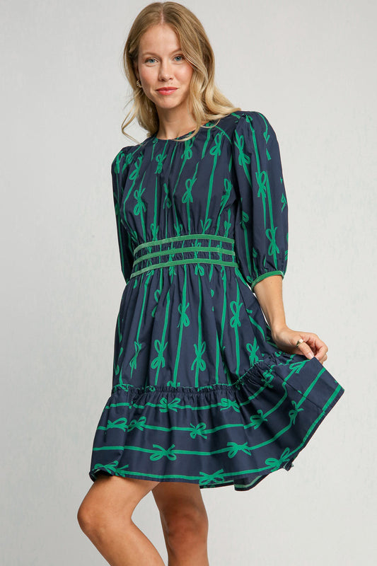 Umgee Ribbon Print Frill Contrast Velvet Trim Half Sleeve Dress 20890 | Gulf Resellers 