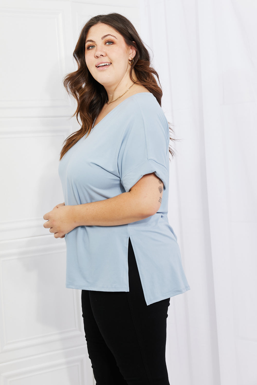 Zenana Simply Comfy Full Size V-Neck Loose Fit T-Shirt in Blue