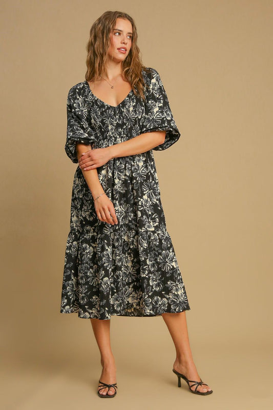 Umgee Ruffle Hem Flower Printed V-Neck Dress 21919 | Gulf Resellers 