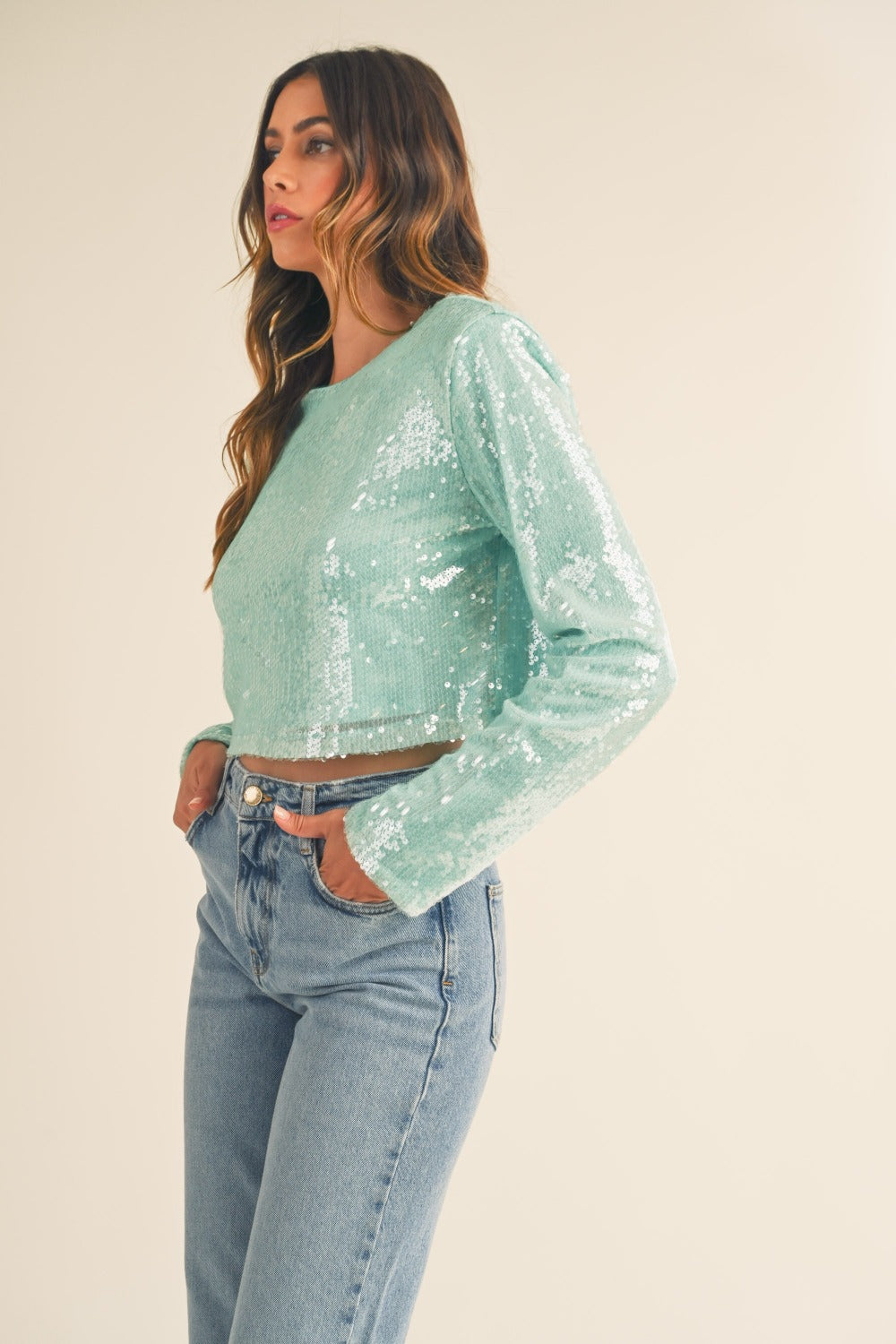 MABLE Shoulder Padded Sequin Crop Top 18228 | Gulf Resellers 