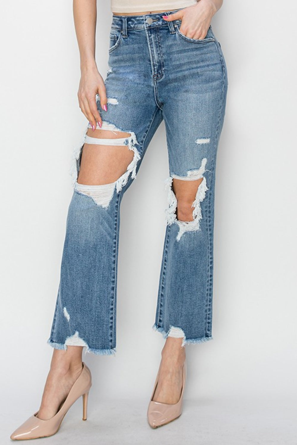 RISEN High Rise Distressed Crop Straight Jeans