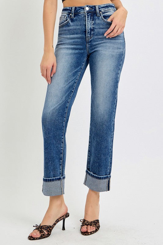 RISEN Full Size High Rise Crop Straight Roll Up Jeans 20415 | Gulf Resellers 