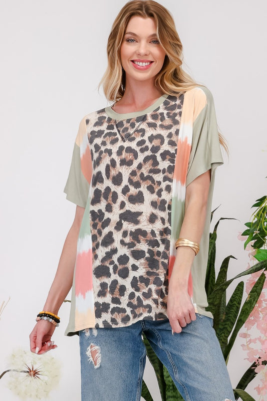 Celeste Full Size Leopard Color Block T-Shirt