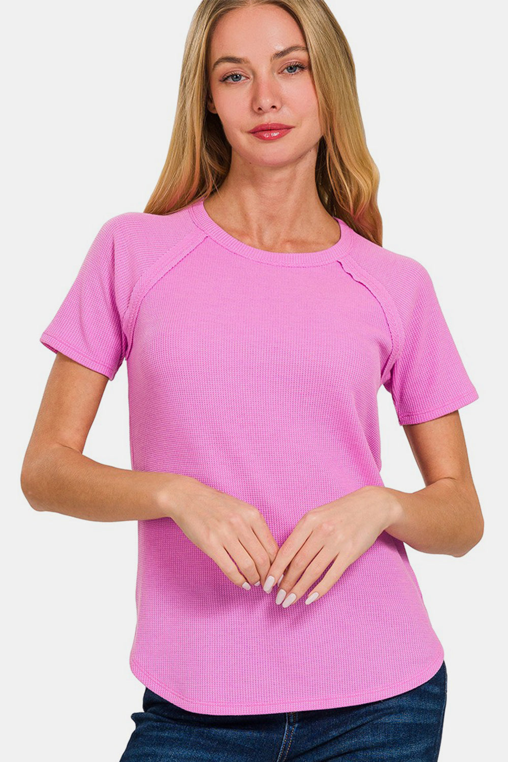 Zenana Round Neck Short Sleeve Waffle T-Shirt 7753 | Gulf Resellers 