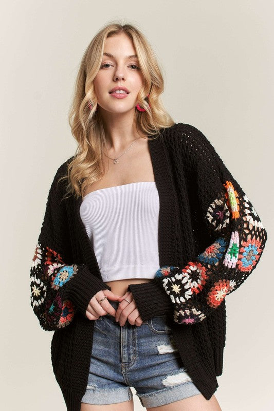 ADORA Full Size Contrast Crochet Open Front Long Sleeve Cardigan Plus Size 21013 | Gulf Resellers 